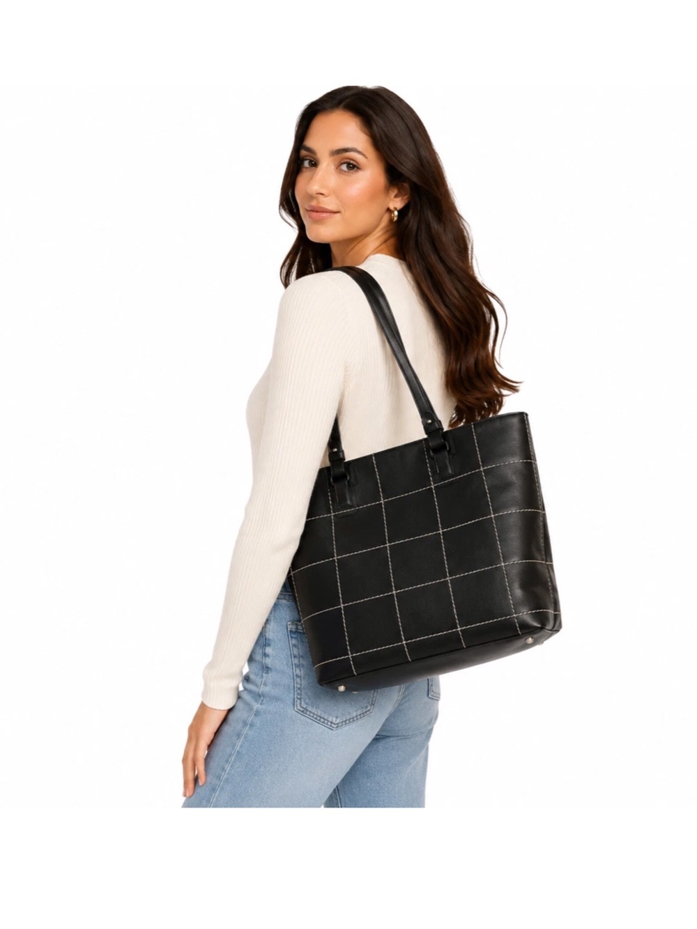 Maxx New York Black Leather Grid Tote Shoulder Bag Signature Striped Lining Y2k